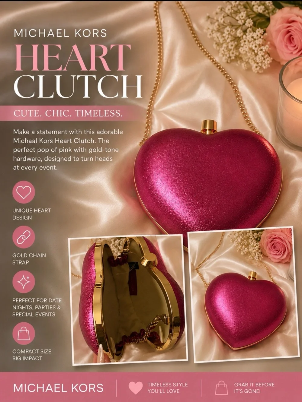 Michael Kors Heart Clutch in Metallic Pink with Gold Chain